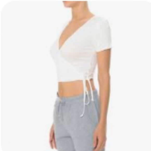 Guess White ribbed surplice V-neck crop top side tie size Medium - Picture 1 of 16